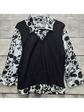 apt. 9 Women's size 1x Plus Size top black and white floral pattern work wear